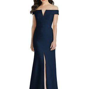 Dessy 3038..Off-the-Shoulder Notch Trumpet Gown with Front Slit..Midnight.Sz 14